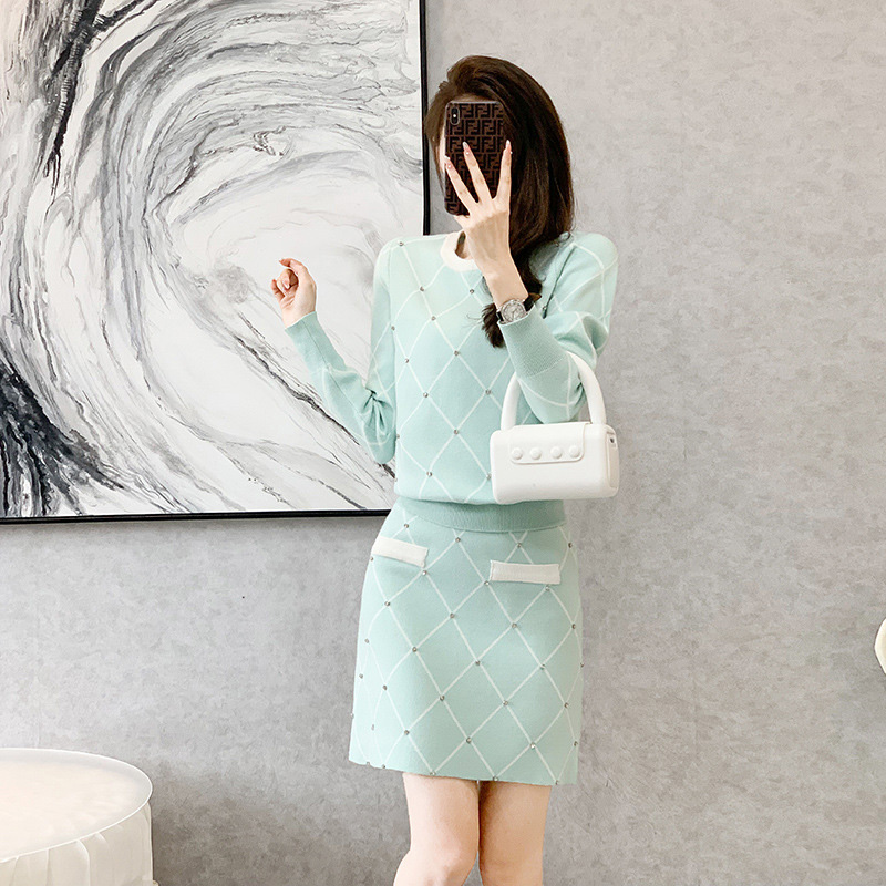 優雅緹花長袖圓領短裙套裝,裙子,短裙,下身,毛衣,A字裙