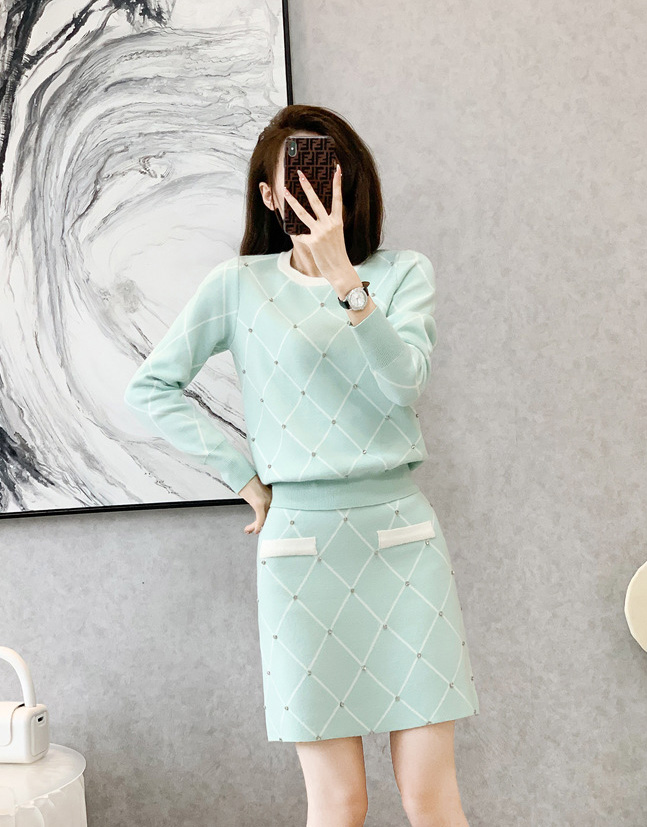 優雅緹花長袖圓領短裙套裝,裙子,短裙,下身,毛衣,A字裙