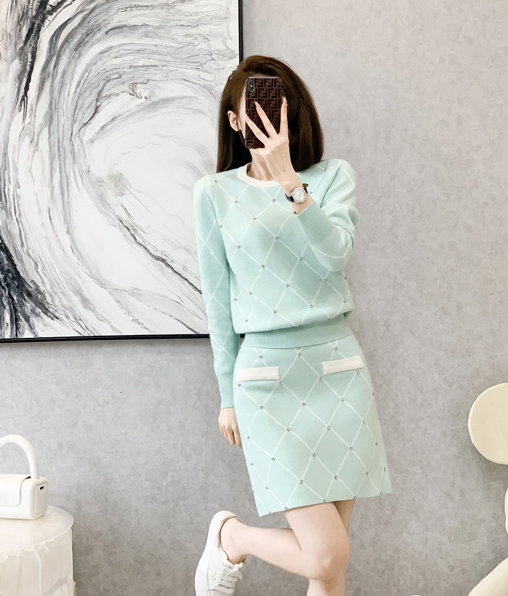 優雅緹花長袖圓領短裙套裝,裙子,短裙,下身,毛衣,A字裙