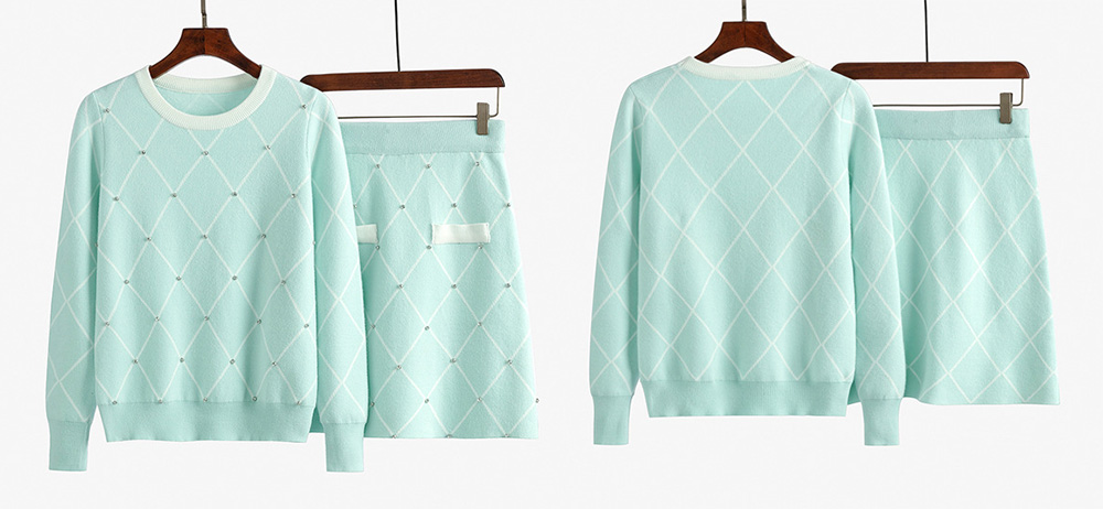 優雅緹花長袖圓領短裙套裝,裙子,短裙,下身,毛衣,A字裙