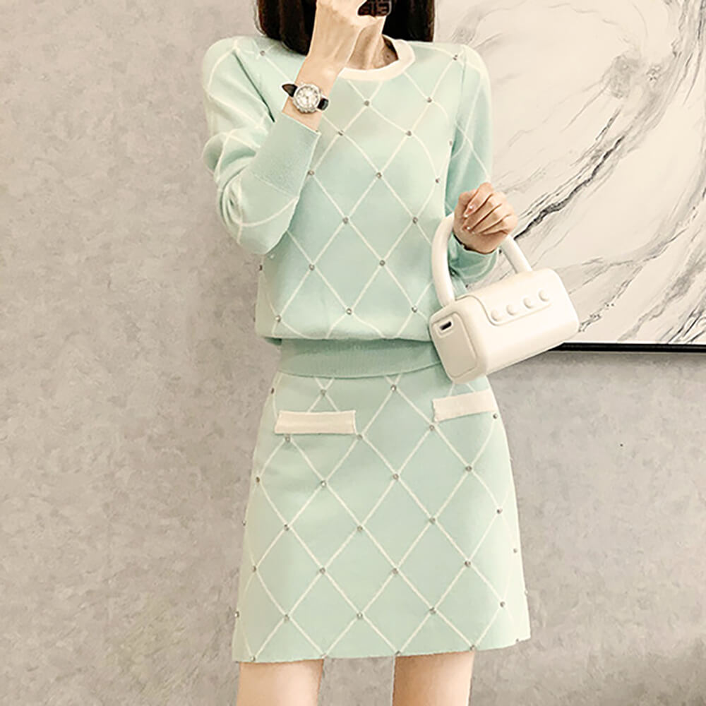 優雅緹花長袖圓領短裙套裝