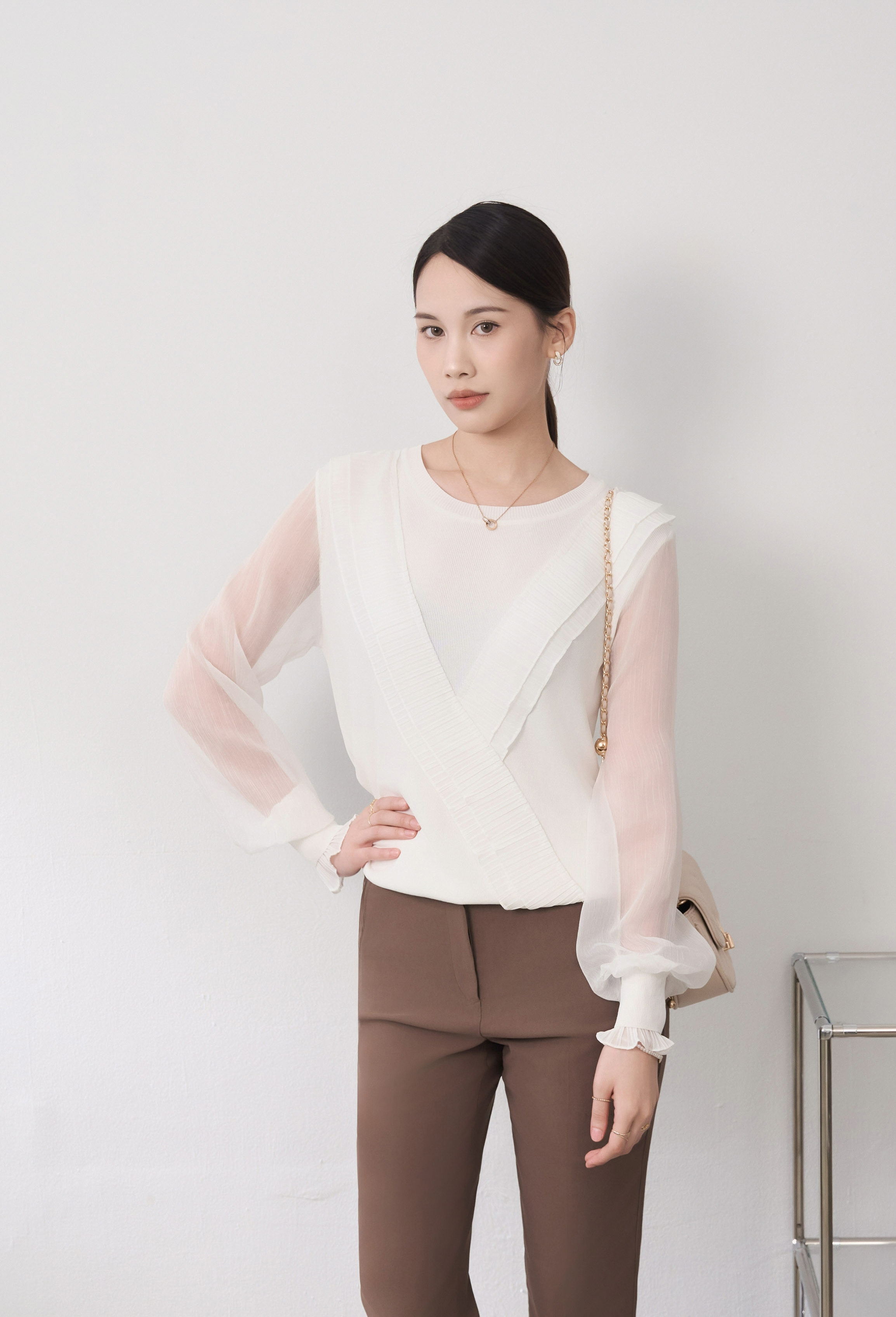 韓版雪紡優美典雅針織上衣,穿搭,婚禮,荷葉邊,雪紡,上身