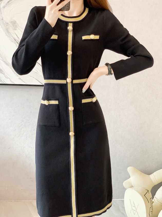 法式貴氣金邊小香風洋裝,小香風,上身,上衣,裙子,針織