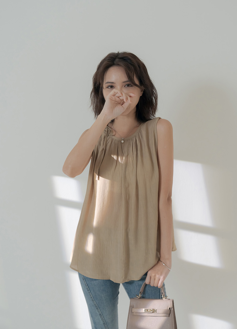夏季透感單肩綁帶無袖上衣