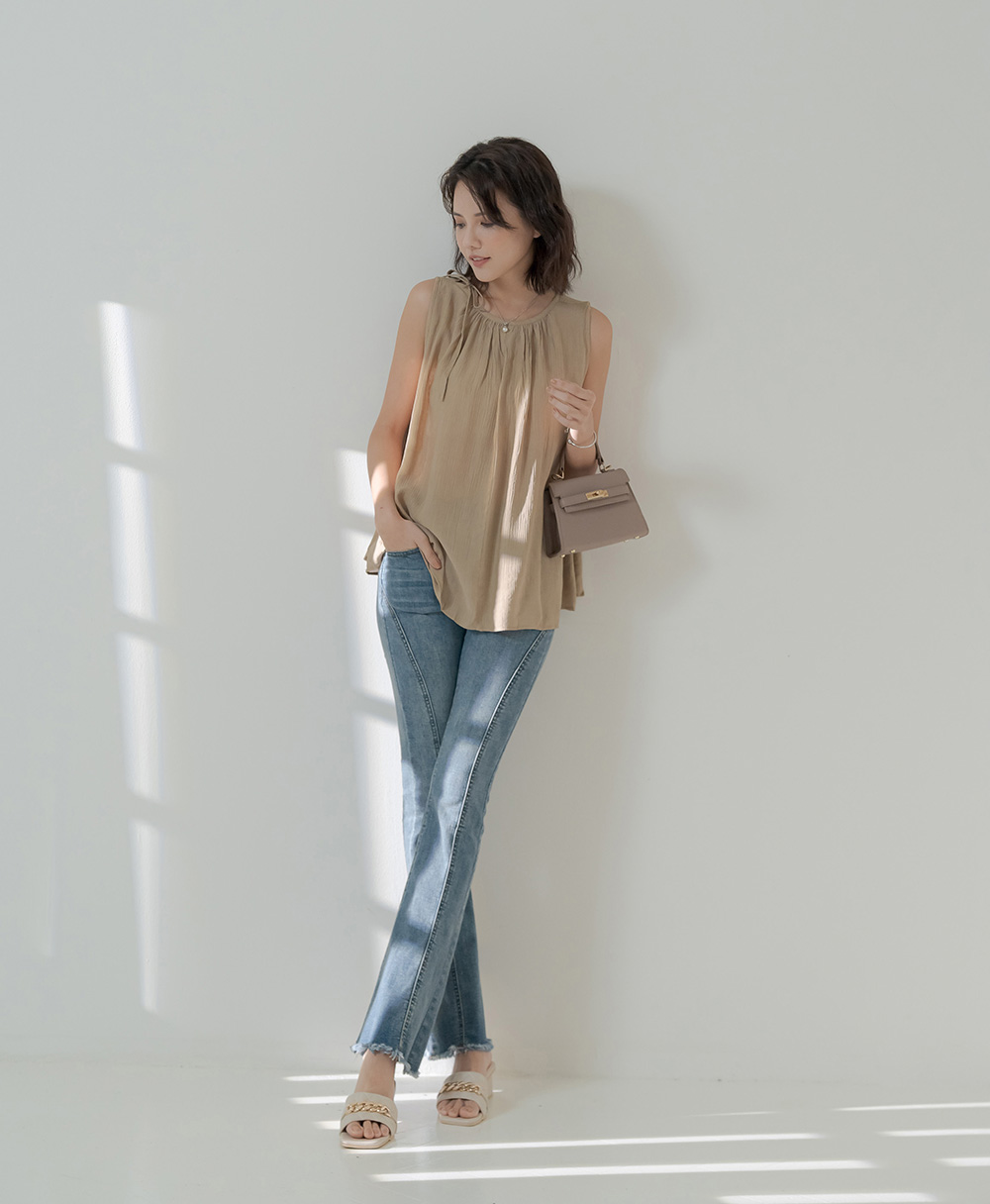 夏季透感單肩綁帶無袖上衣