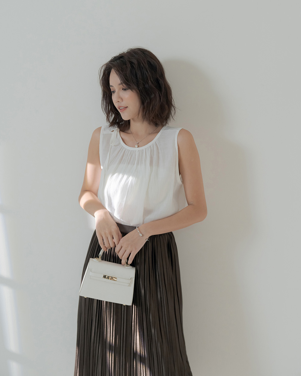 夏季透感單肩綁帶無袖上衣