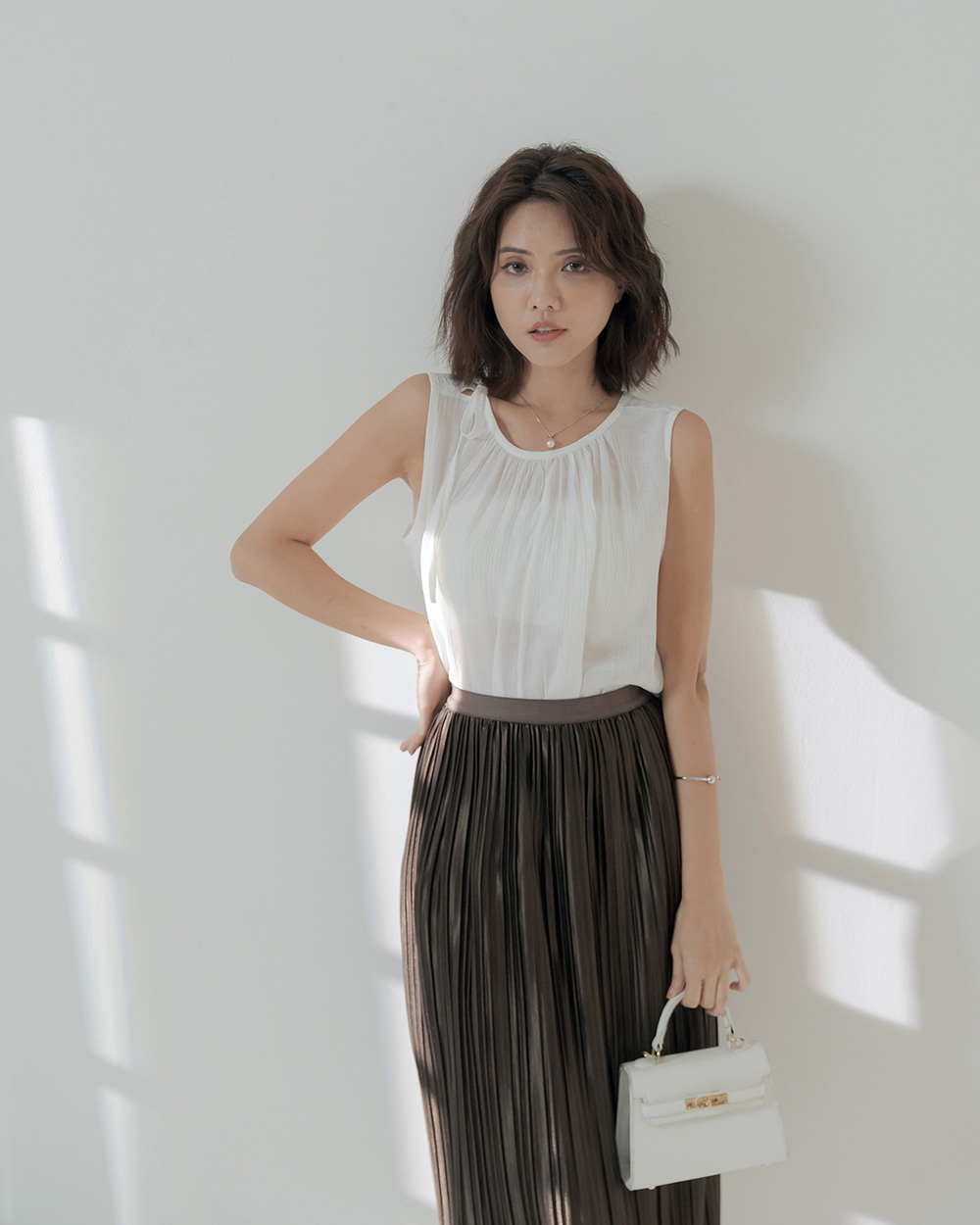 夏季透感單肩綁帶無袖上衣