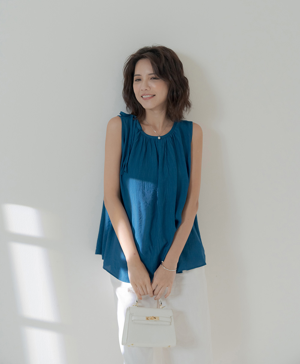 夏季透感單肩綁帶無袖上衣