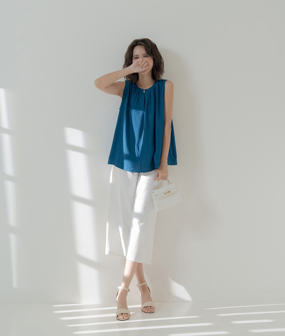 夏季透感單肩綁帶無袖上衣