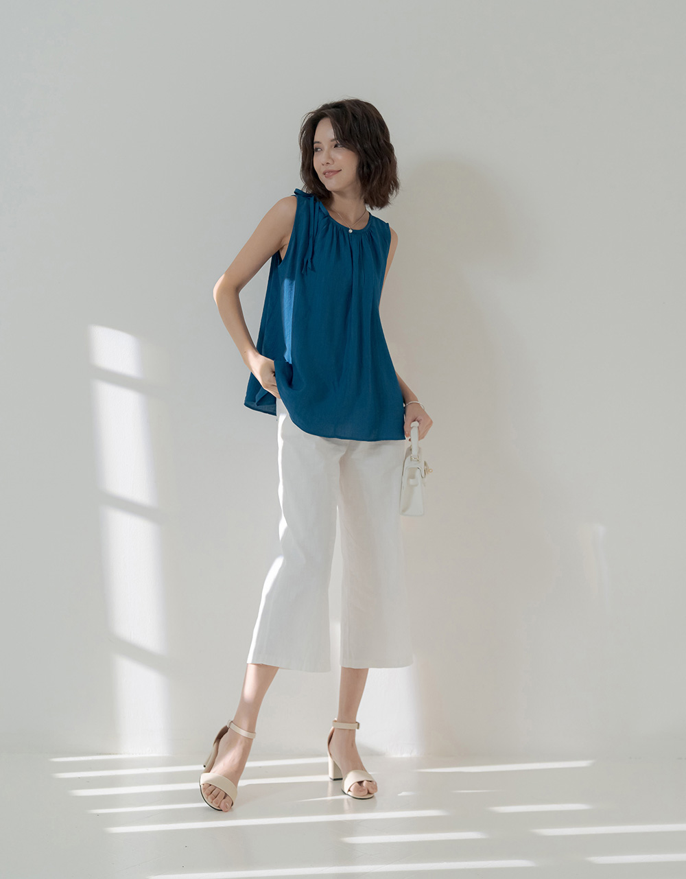 夏季透感單肩綁帶無袖上衣