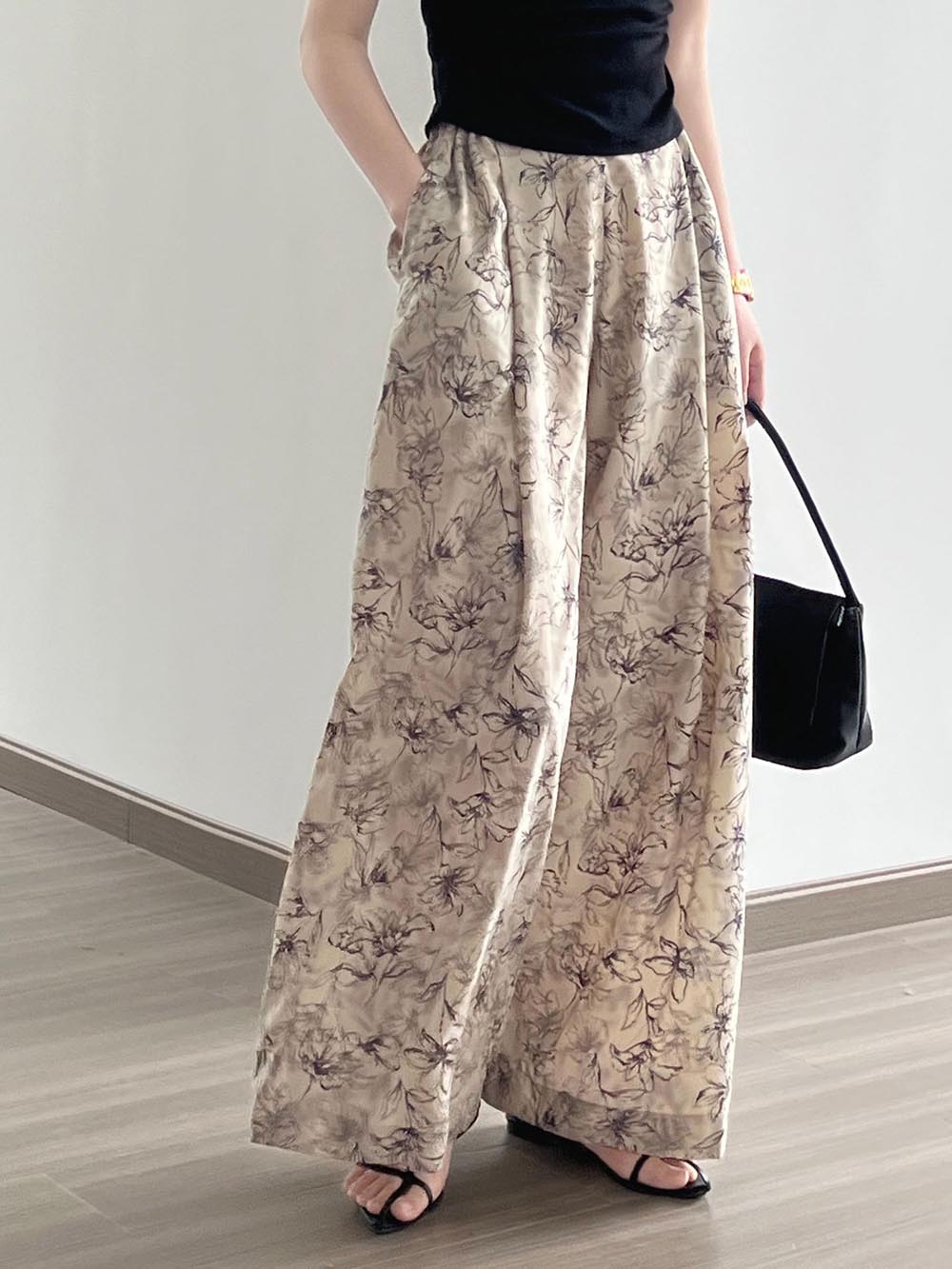 水墨印花高腰顯瘦闊腿長褲