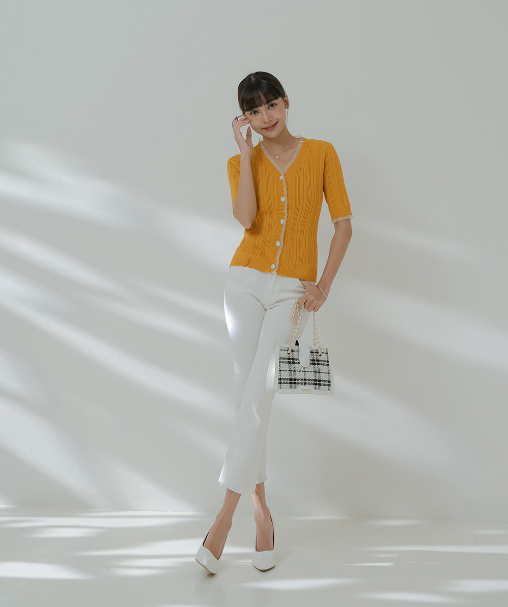 柔紗拼接珠釦針織開襟上衣