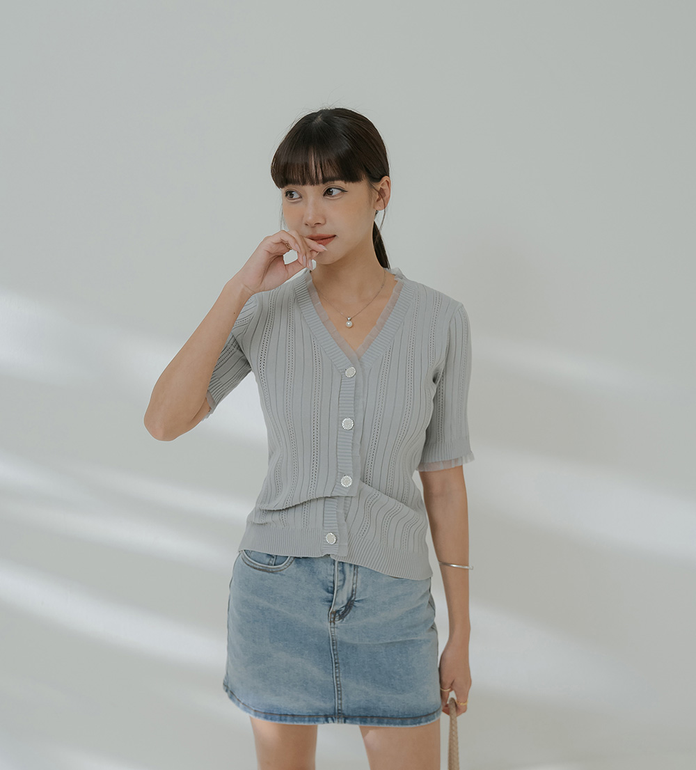 柔紗拼接珠釦針織開襟上衣