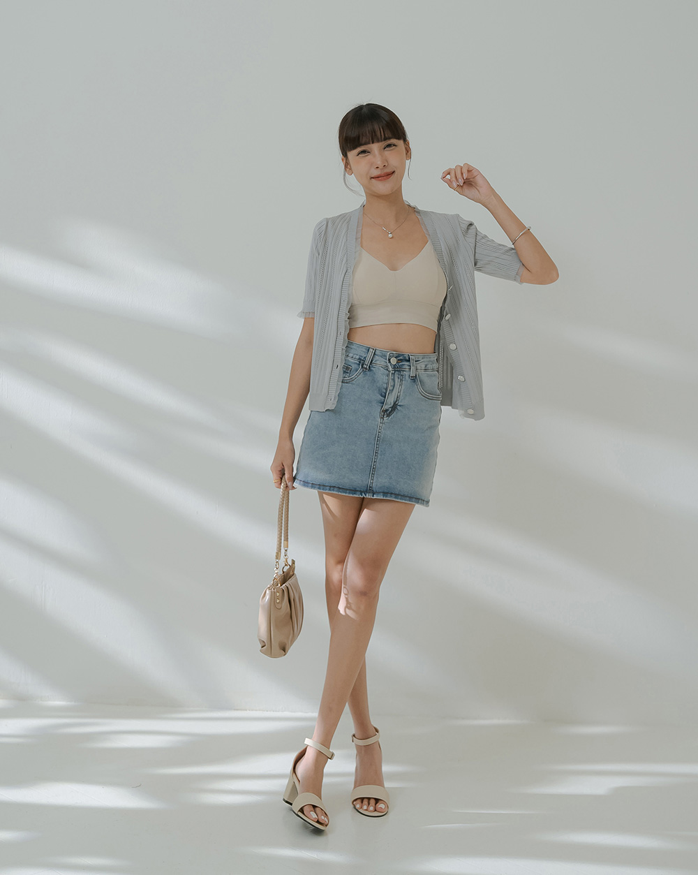 柔紗拼接珠釦針織開襟上衣