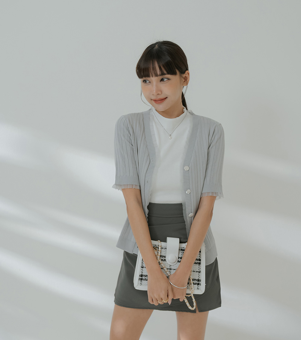 柔紗拼接珠釦針織開襟上衣