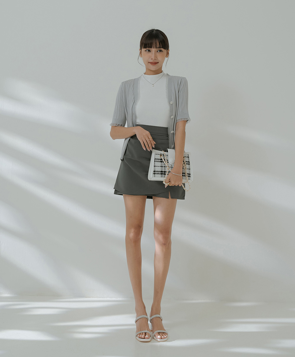 柔紗拼接珠釦針織開襟上衣