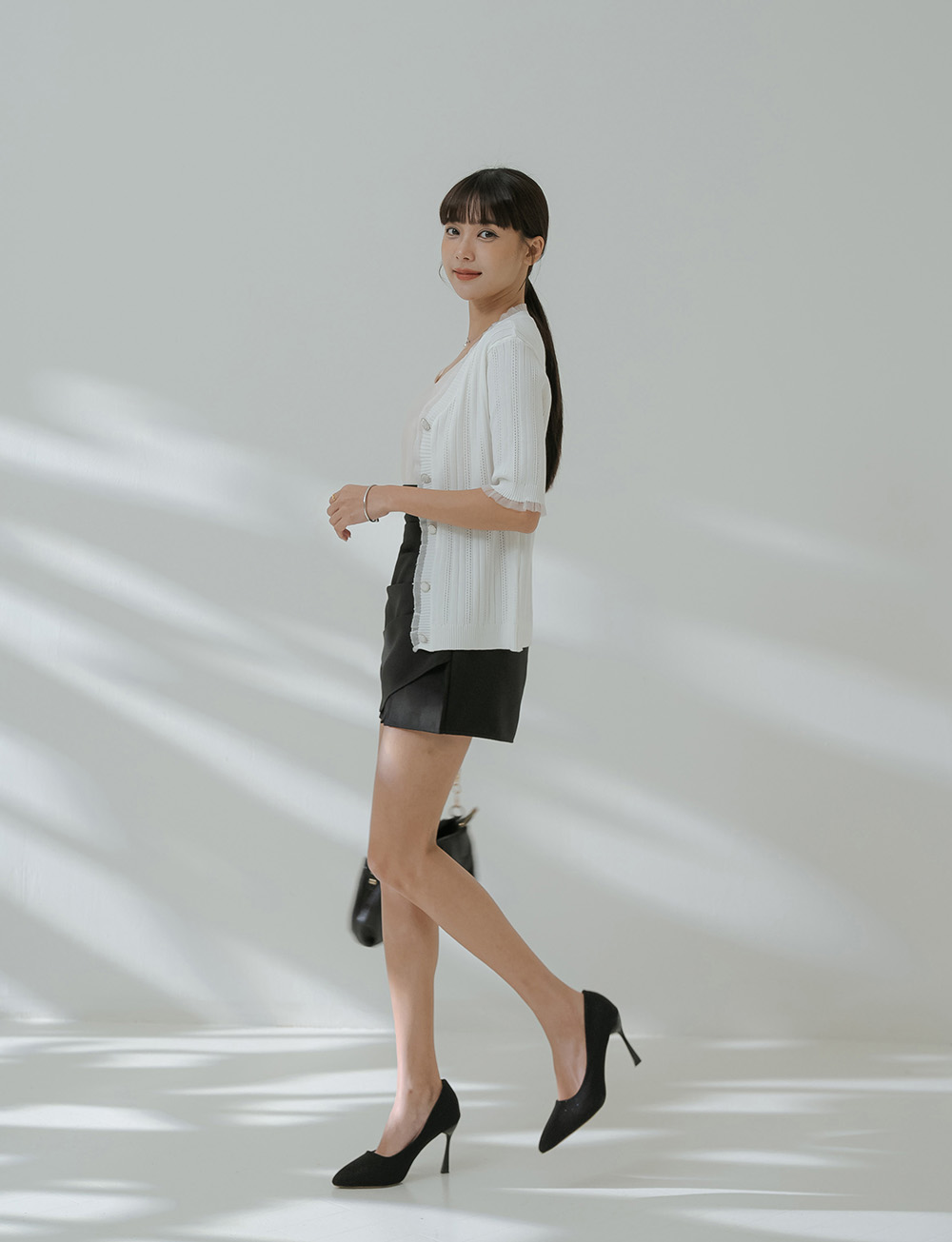 柔紗拼接珠釦針織開襟上衣