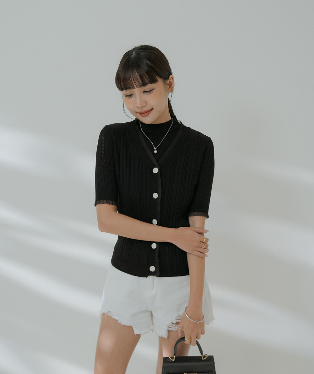 柔紗拼接珠釦針織開襟上衣