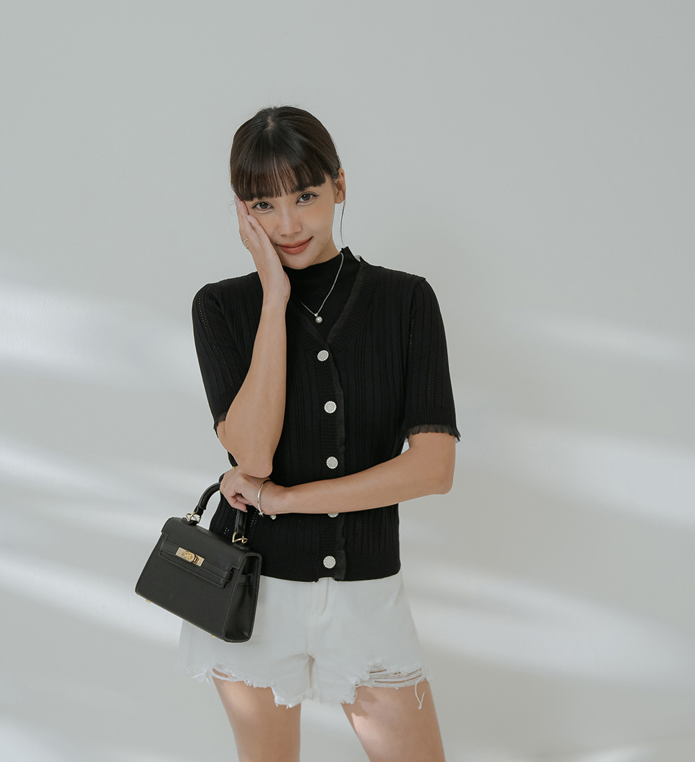 柔紗拼接珠釦針織開襟上衣