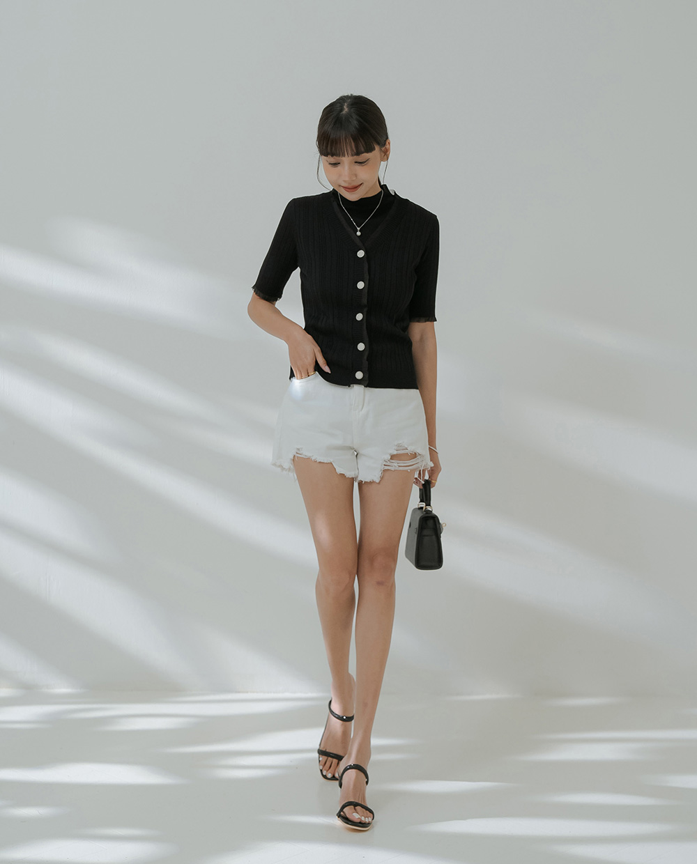 柔紗拼接珠釦針織開襟上衣