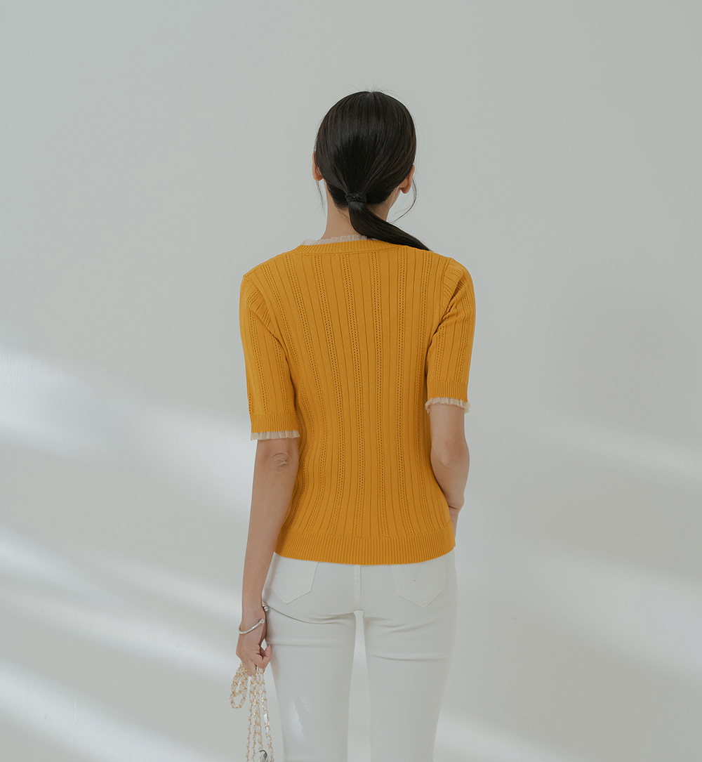 柔紗拼接珠釦針織開襟上衣