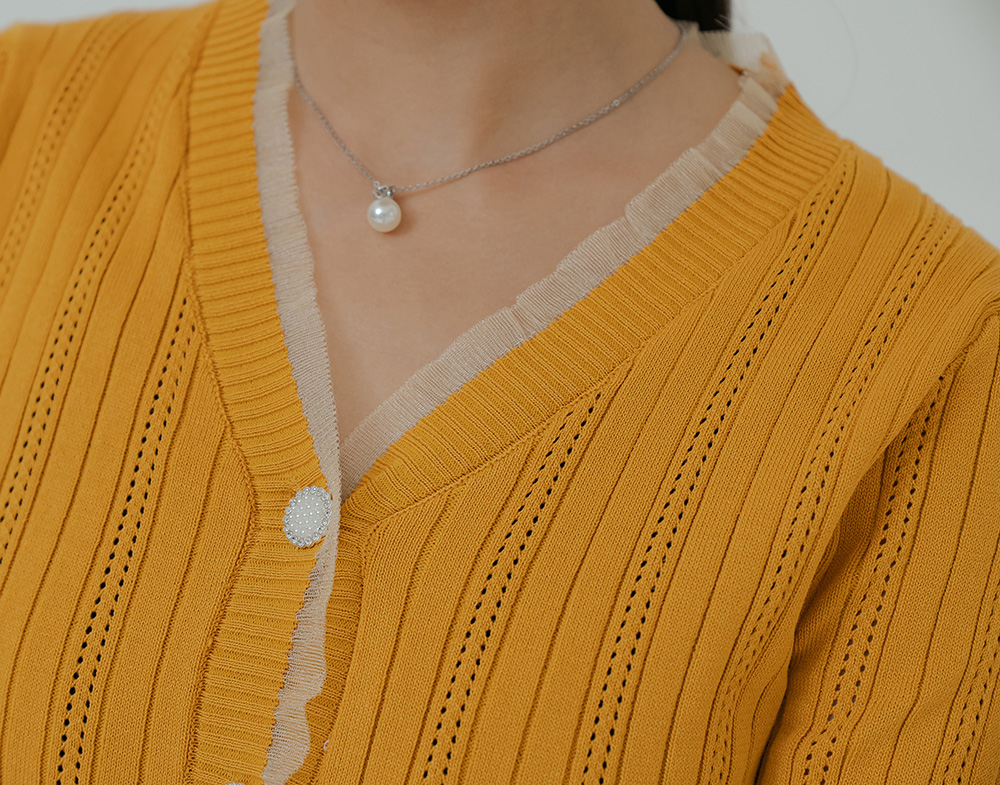 柔紗拼接珠釦針織開襟上衣