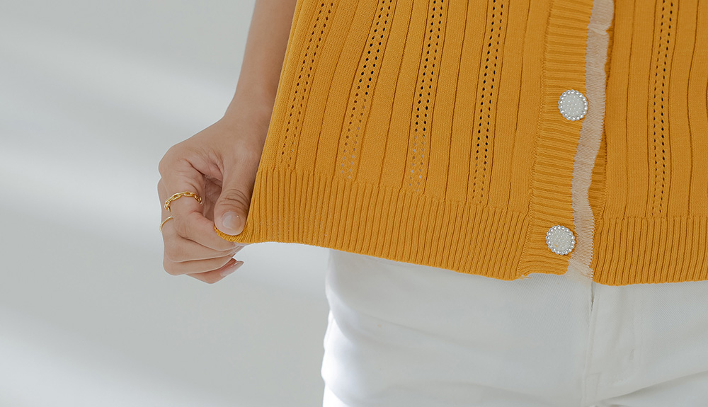 柔紗拼接珠釦針織開襟上衣