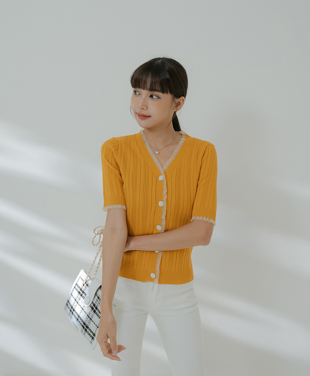 柔紗拼接珠釦針織開襟上衣