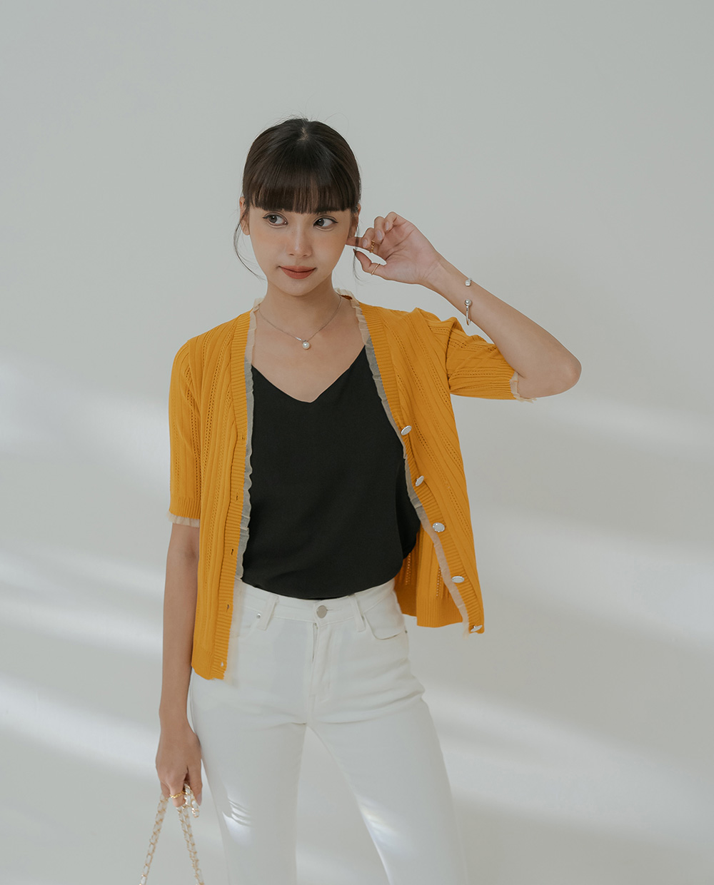 柔紗拼接珠釦針織開襟上衣
