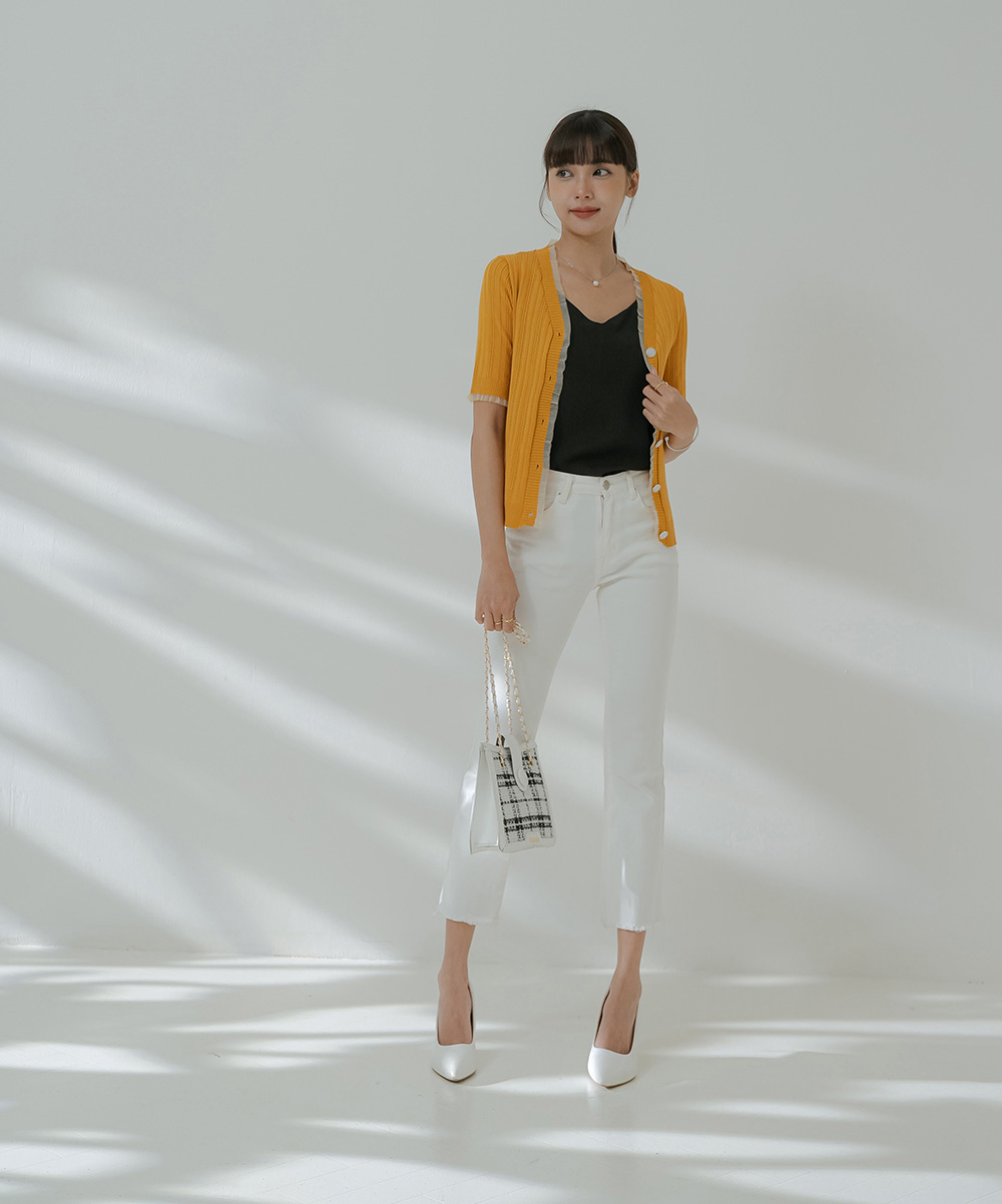 柔紗拼接珠釦針織開襟上衣