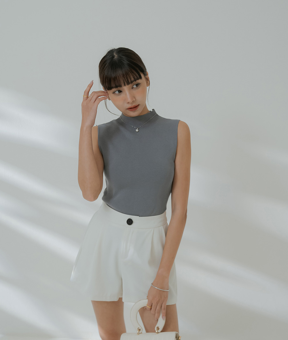 通勤款小高領無袖針織上衣,上班族,舒適,透氣,素色,純色