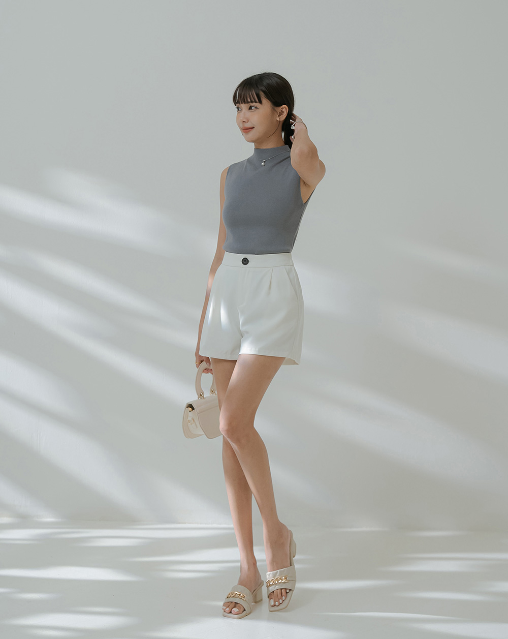 通勤款小高領無袖針織上衣,上班族,舒適,透氣,素色,純色