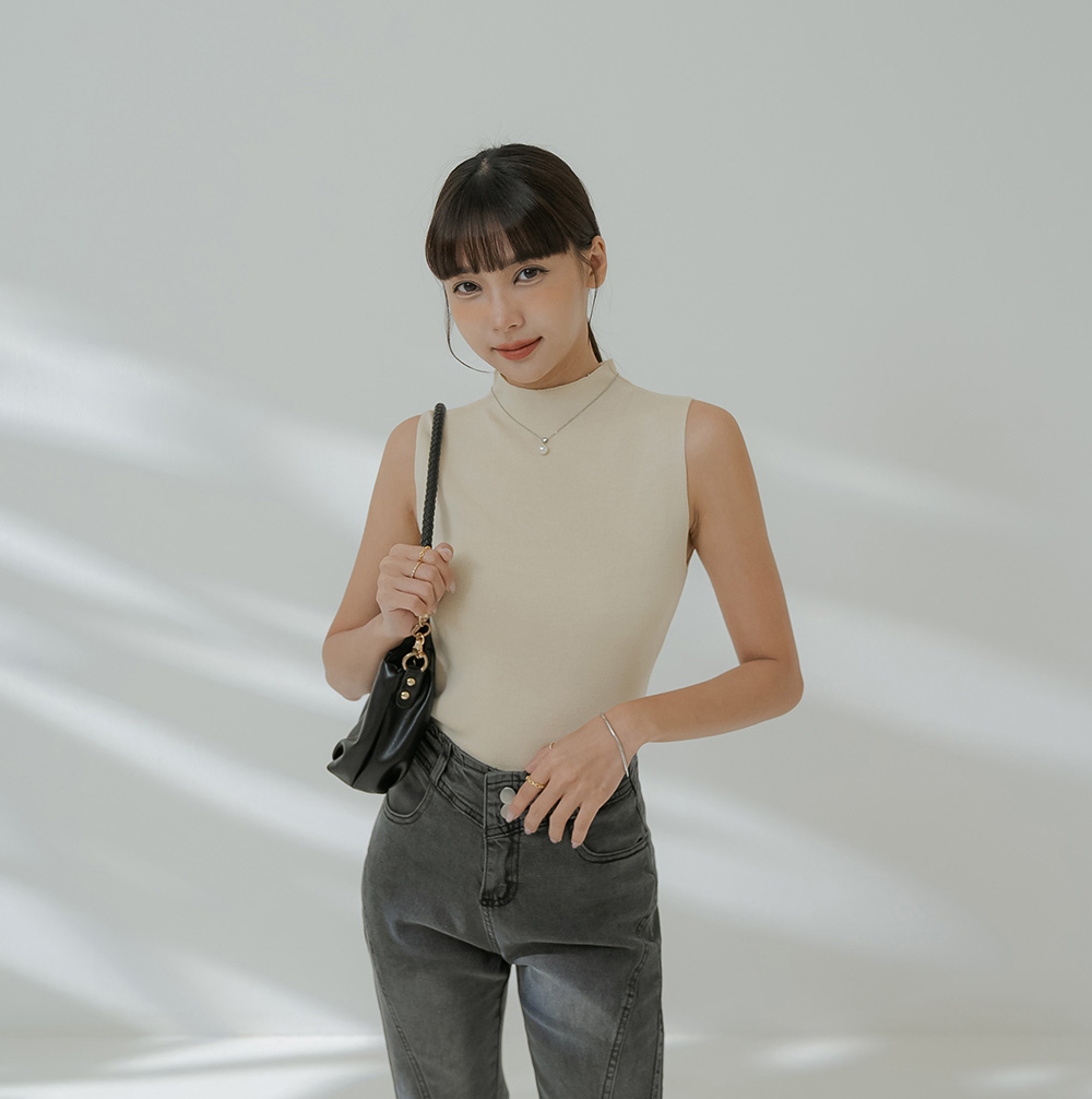 通勤款小高領無袖針織上衣,上班族,舒適,透氣,素色,純色
