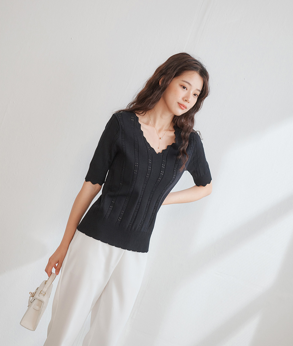 不規則領邊半袖針織上衣