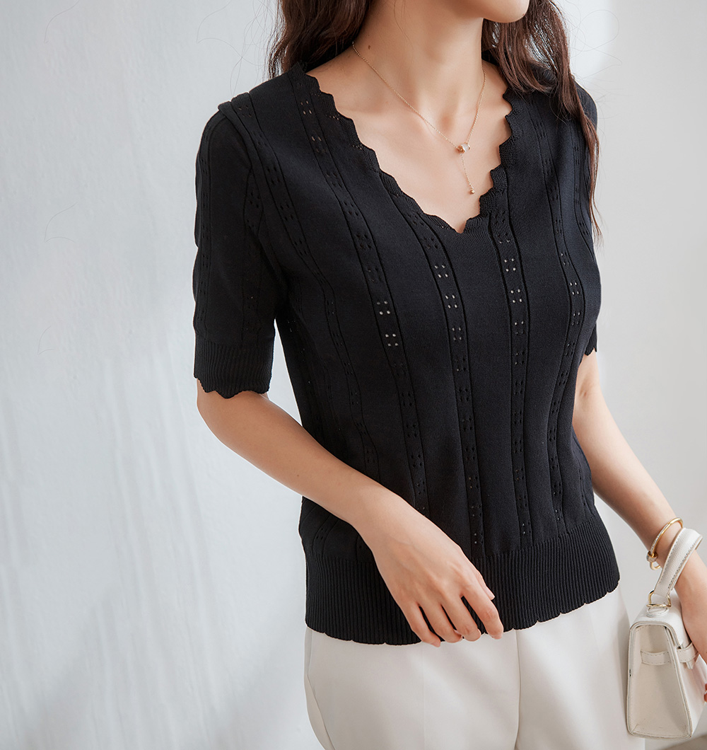 不規則領邊半袖針織上衣