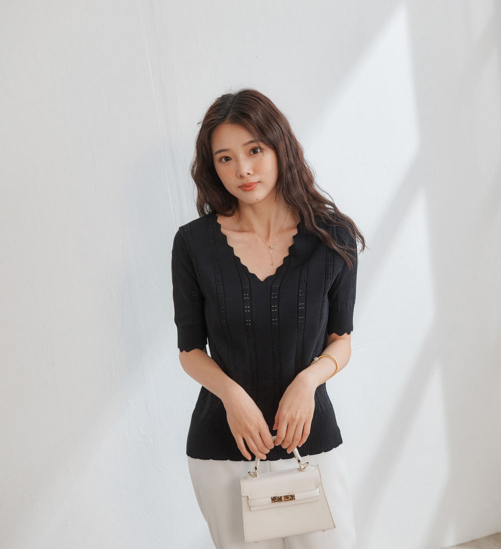 不規則領邊半袖針織上衣