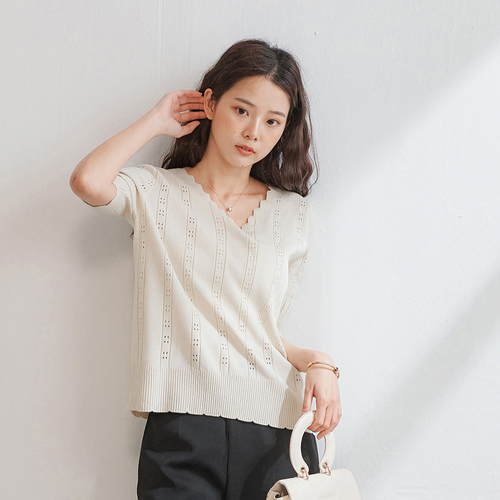 不規則領邊半袖針織上衣