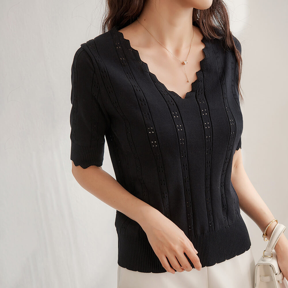 不規則領邊半袖針織上衣