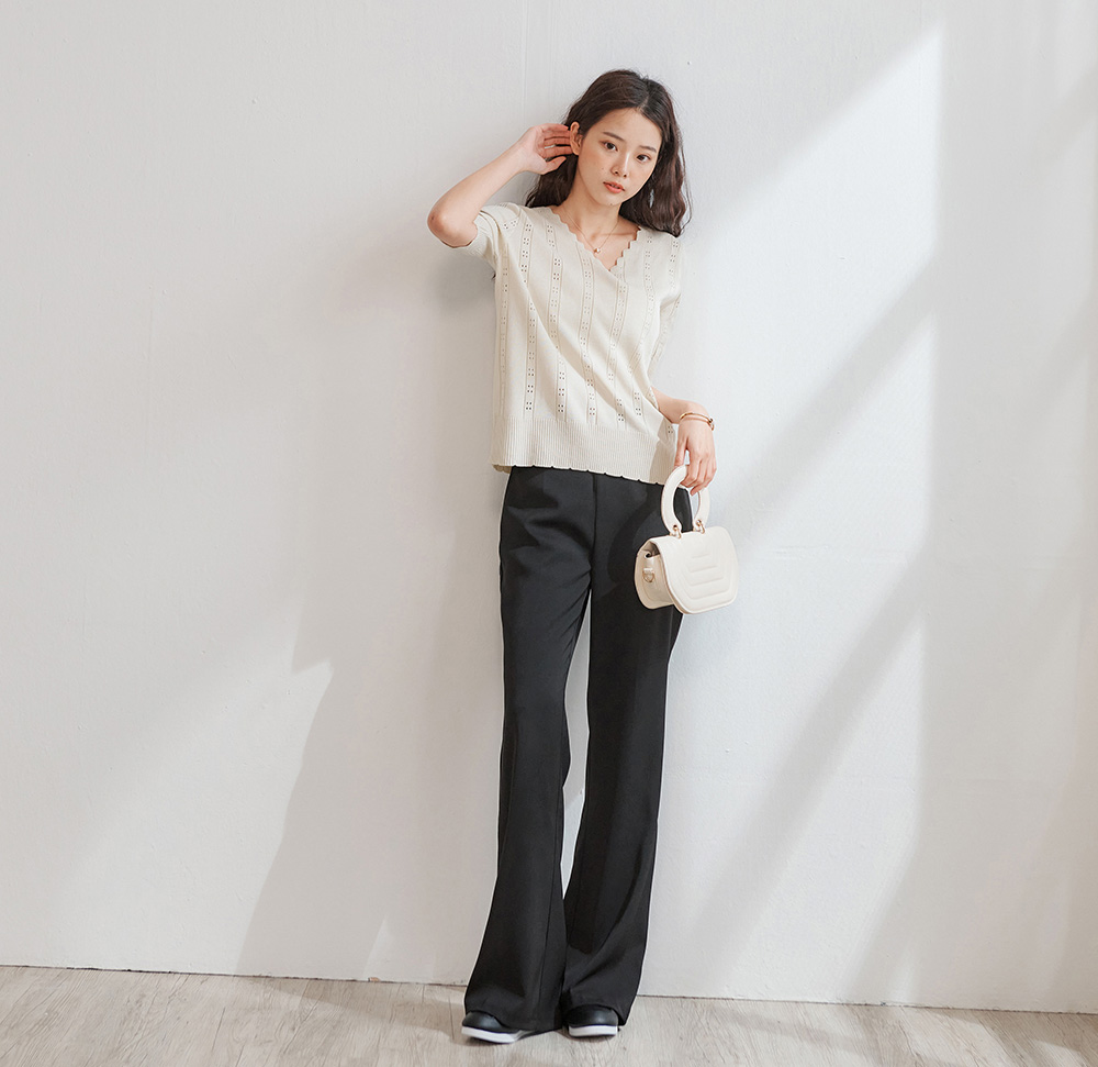 前V剪裁高腰微喇叭西裝褲,百搭,修身,顯瘦,時尚,春天