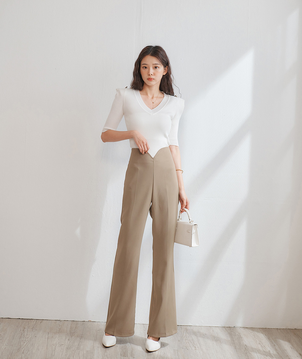 前V剪裁高腰微喇叭西裝褲,百搭,修身,顯瘦,時尚,春天