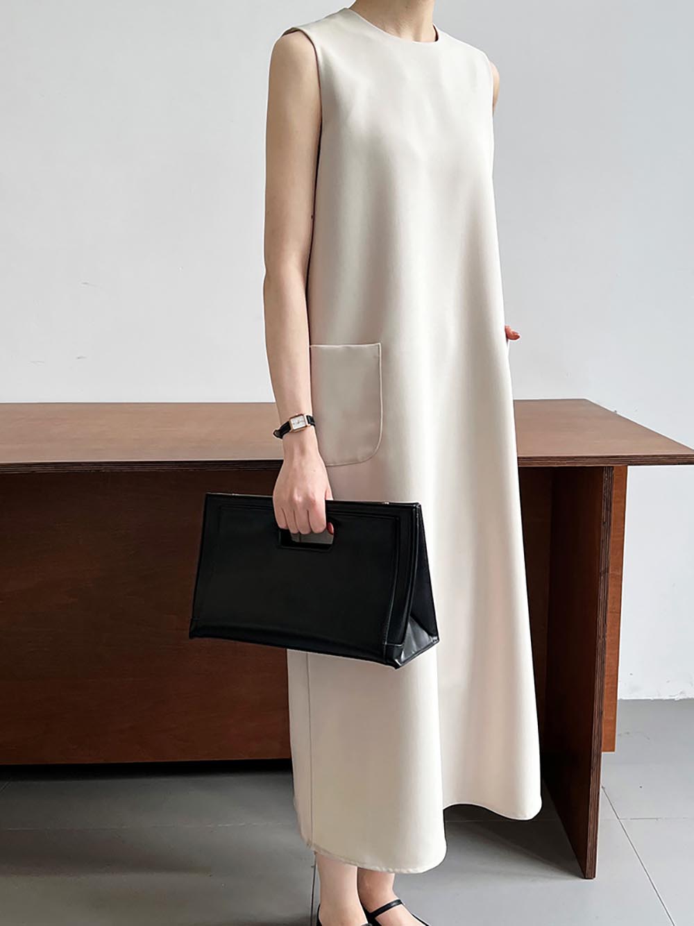 法式優雅簡約雙口袋洋裝,純色,素色,黑色,通勤,甜美