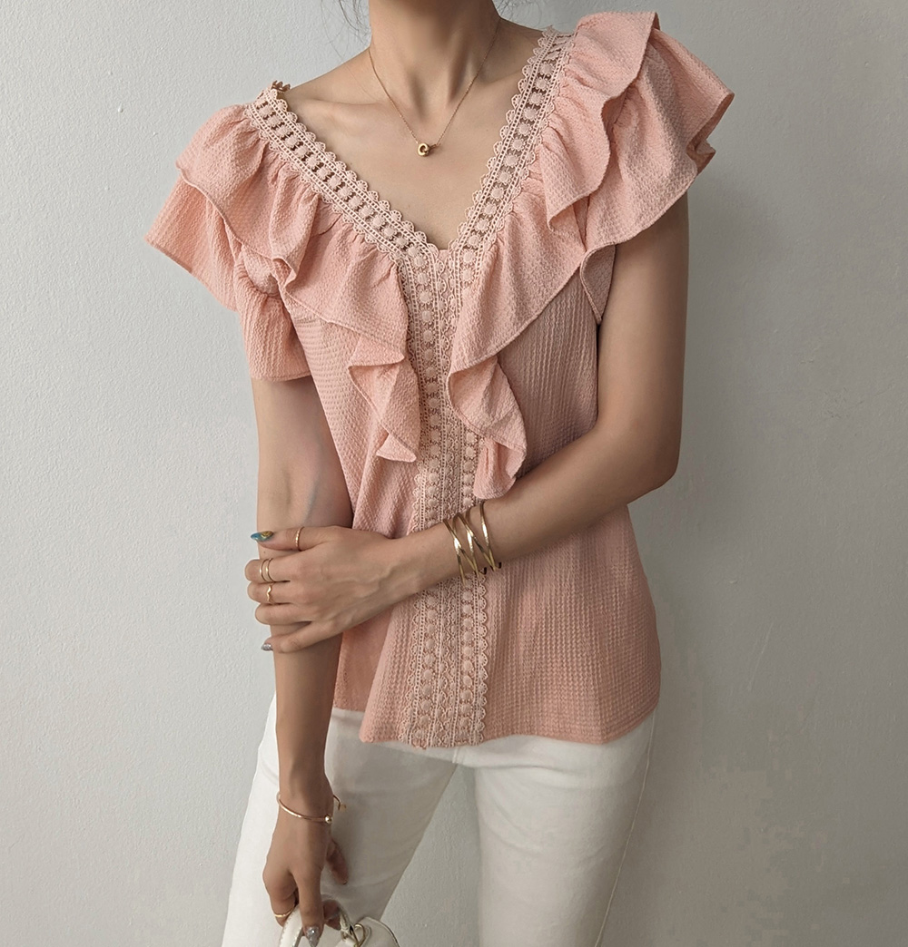 Y字形蕾絲設計荷葉袖上衣