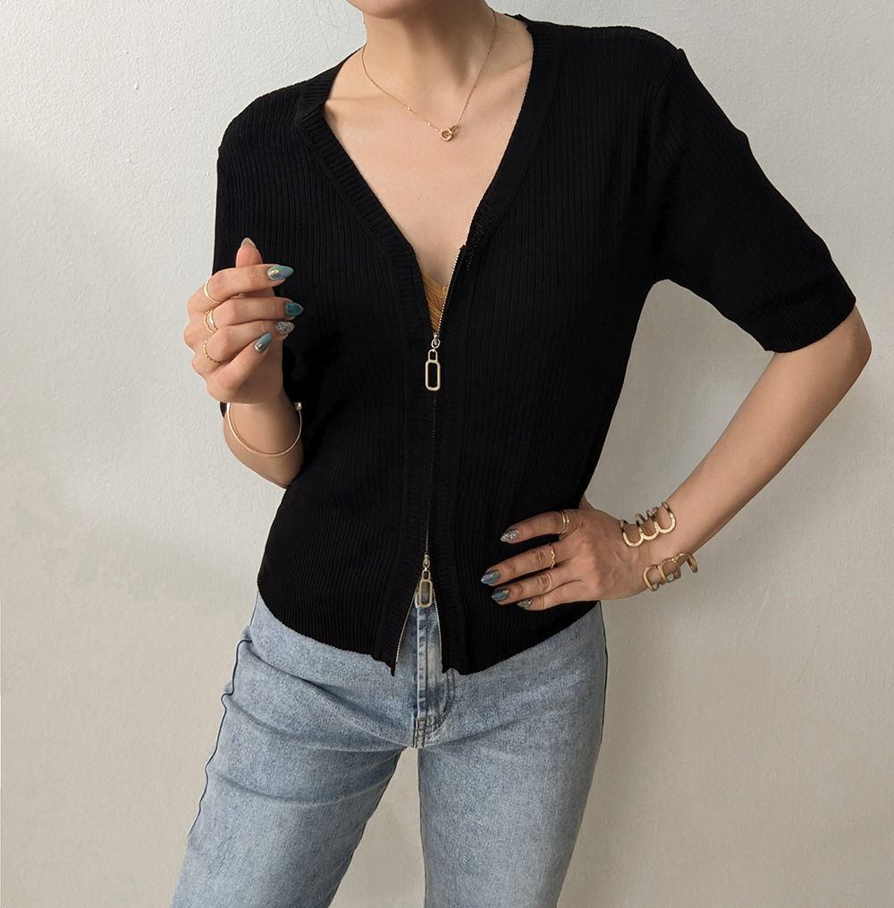 V領上下開拉鏈針織上衣,舒適,休閒,通勤,素面,純色