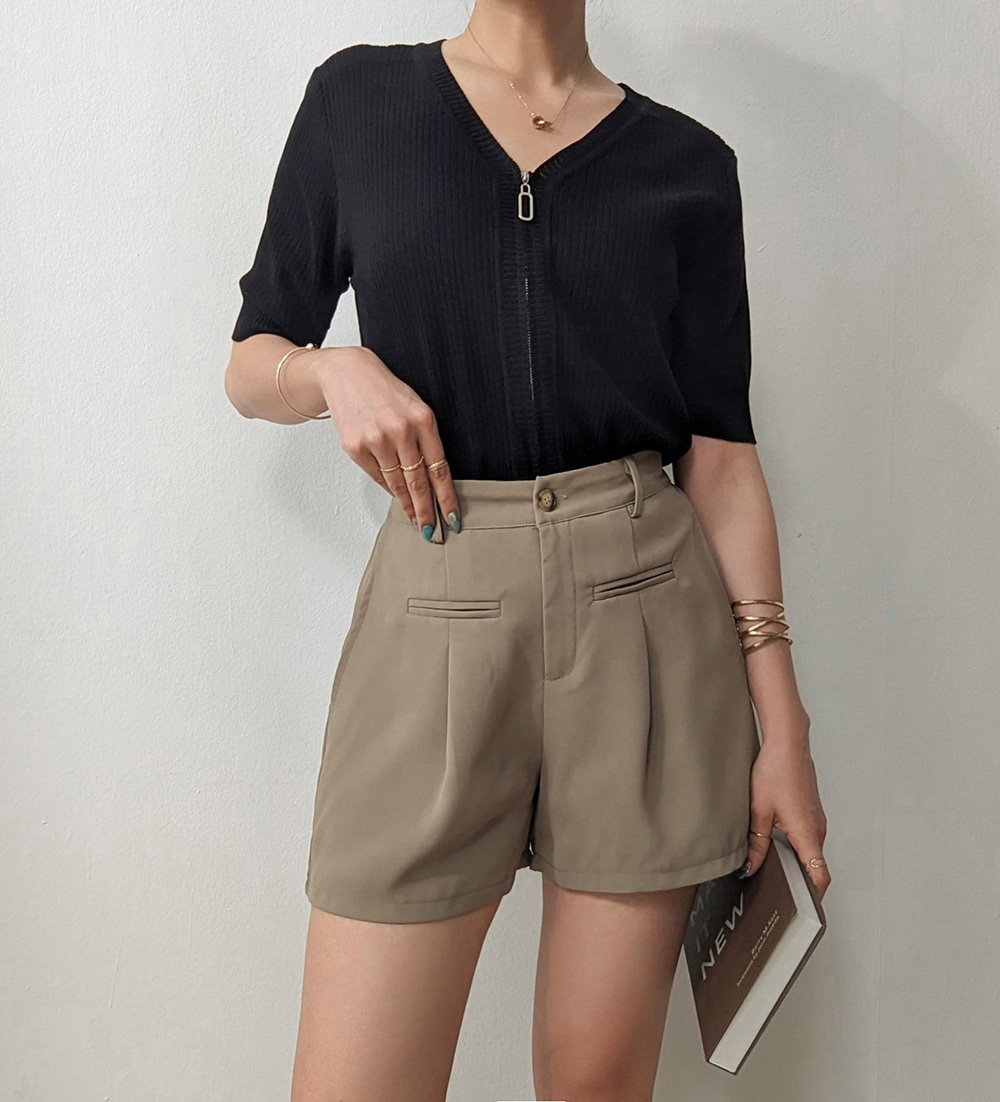 V領上下開拉鏈針織上衣,舒適,休閒,通勤,素面,純色