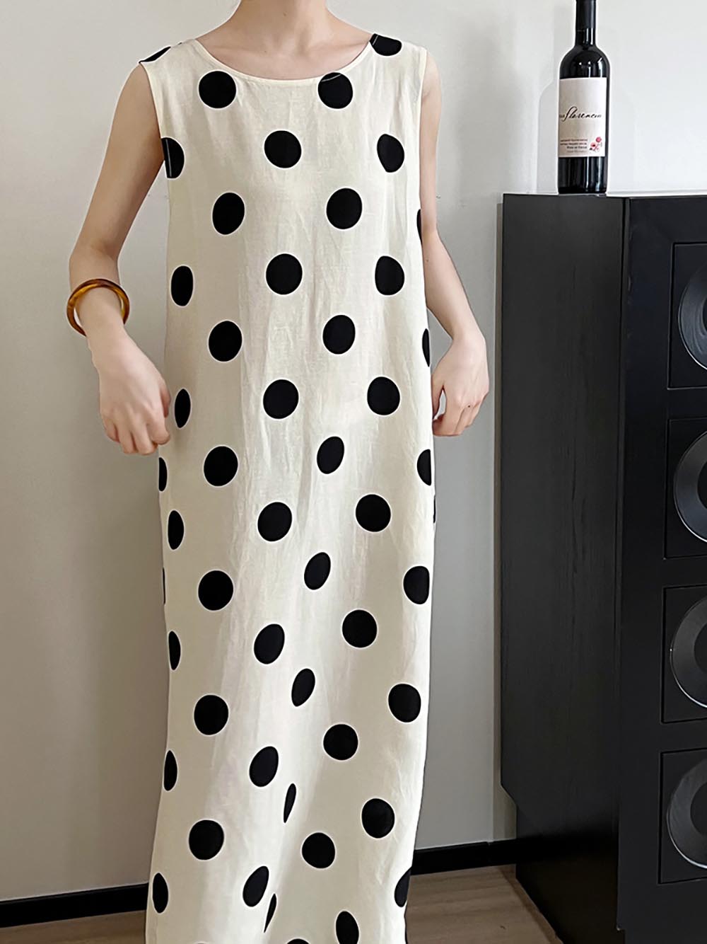 U背抽繩大波點無袖洋裝,婉約,綁帶,美背,開衩,甜美