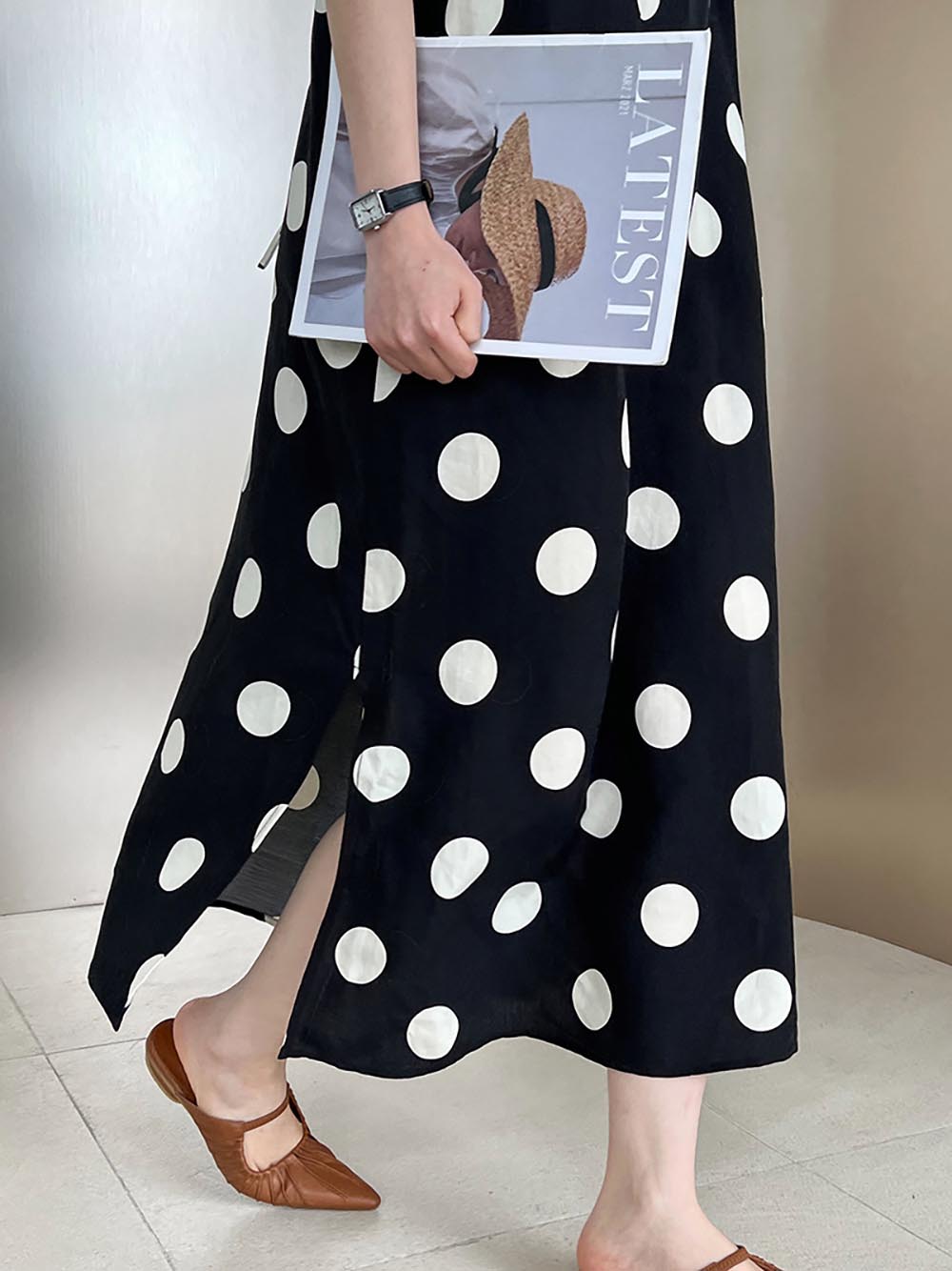 U背抽繩大波點無袖洋裝,婉約,綁帶,美背,開衩,甜美