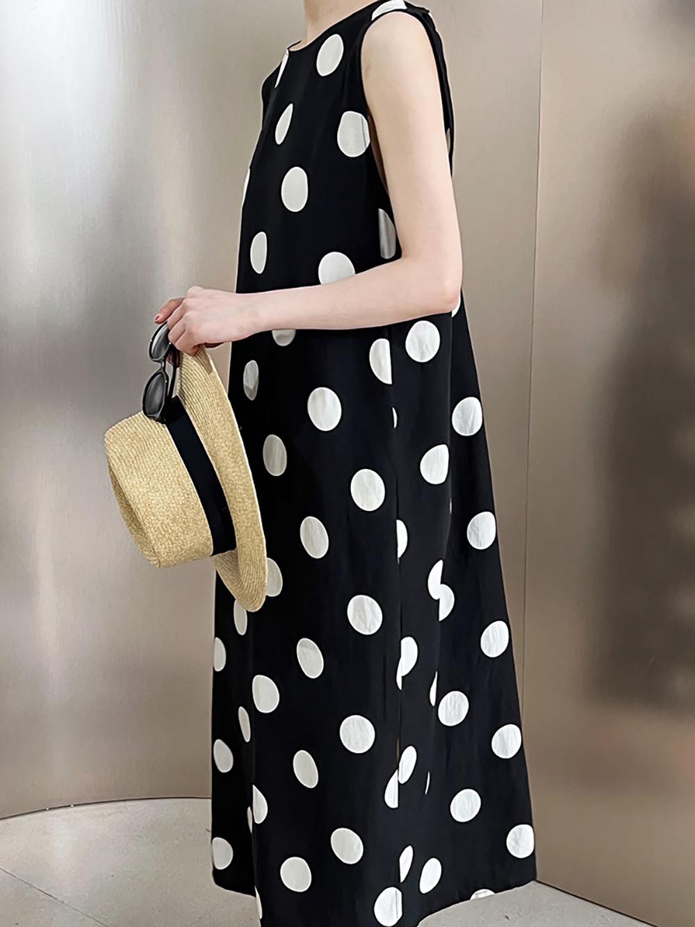 U背抽繩大波點無袖洋裝,婉約,綁帶,美背,開衩,甜美