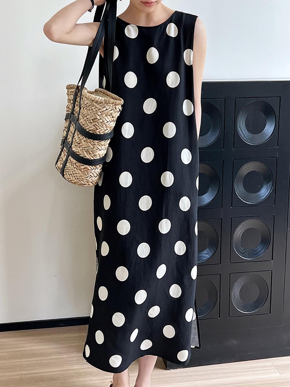 U背抽繩大波點無袖洋裝,婉約,綁帶,美背,開衩,甜美