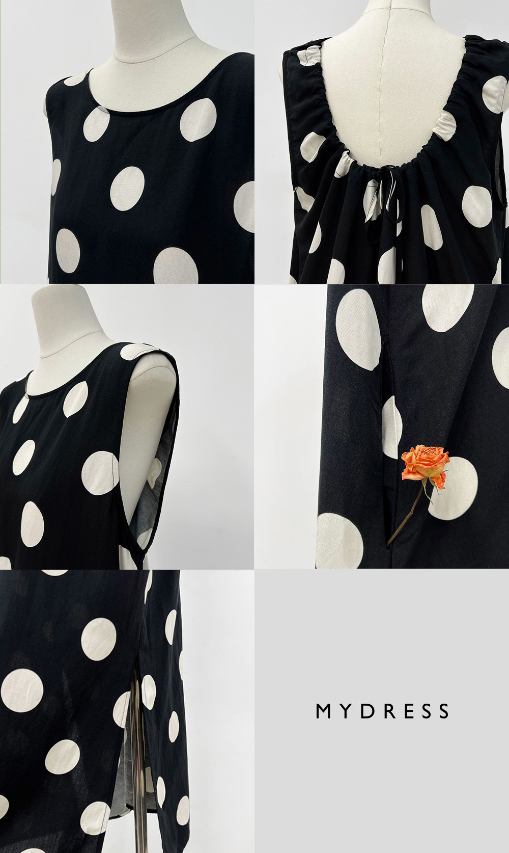 U背抽繩大波點無袖洋裝,婉約,綁帶,美背,開衩,甜美