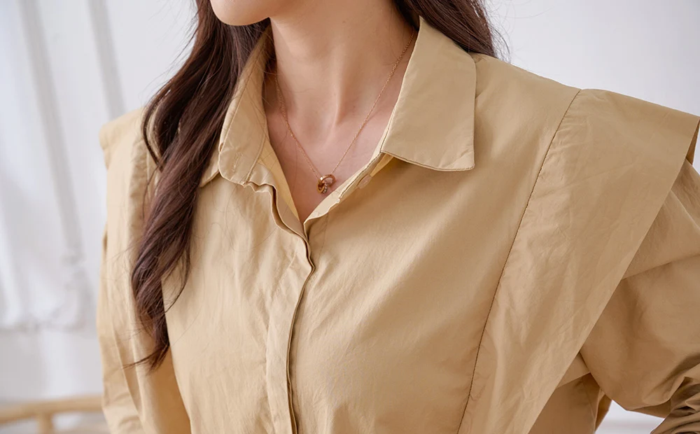 棉質立體肩設計隱藏釦襯衫